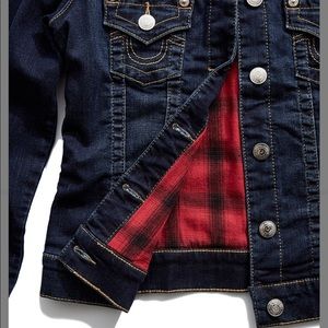 True Religion Dark Indigo Denim Jacket with Red Plaid Lining